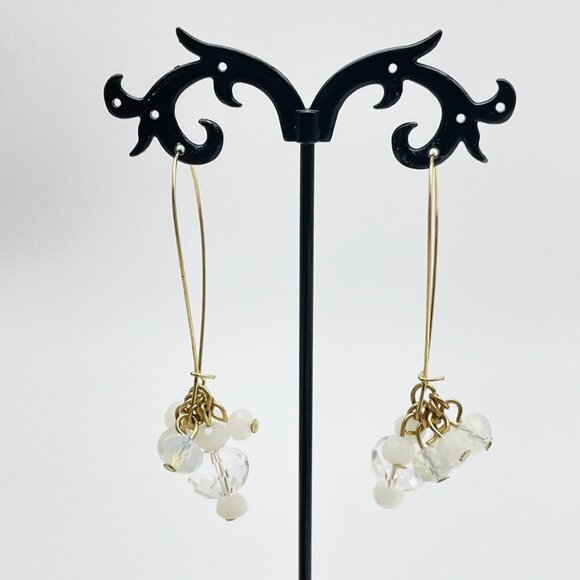 Gold Tone Drop Earrings White Bead Cluster Clear Crystal Dangle Modern - Picture 10 of 10